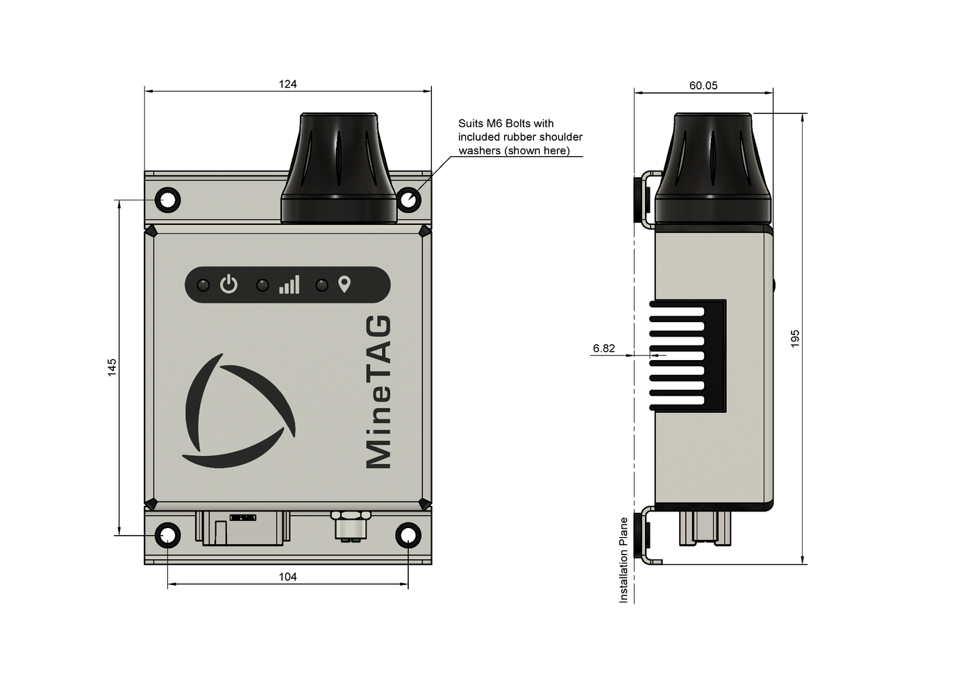 MineTAG dimension drawing: 124mm wide, 145mm bolt spacing, 195mm tall, 60mm deep
